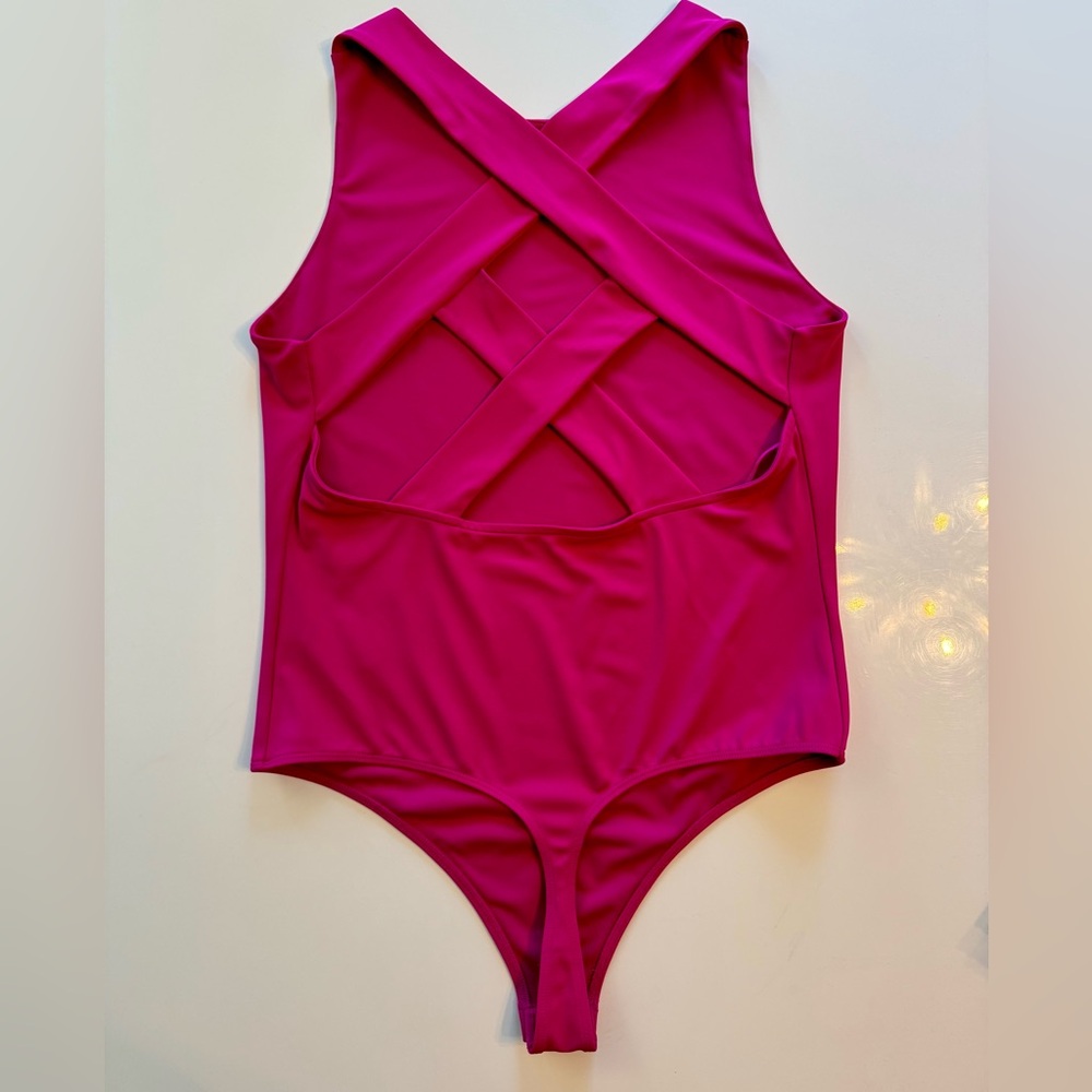 Express Body Contour Pink Bodysuit Strappy Back Sleeveless Size L